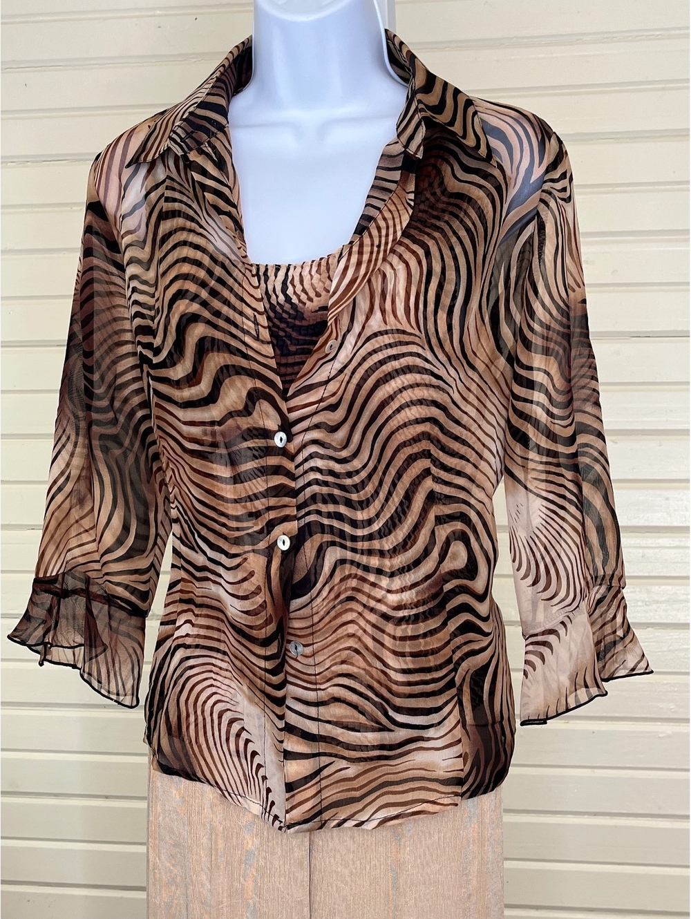 Vintage Nicola Sheer Zebra Print Button-Up Blouse Cami 2 Piece Set Medium